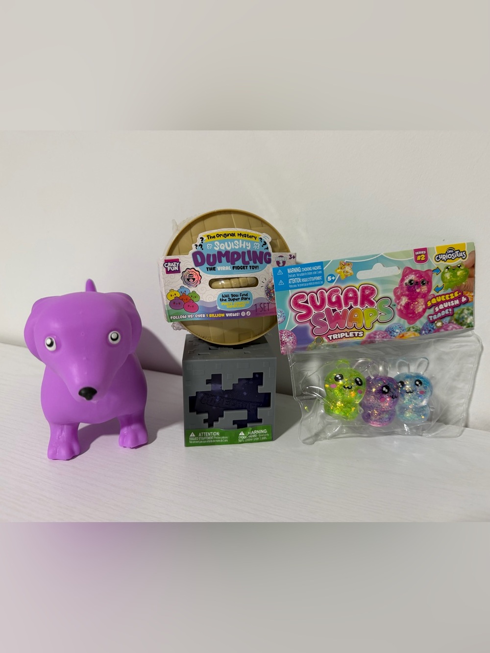 Squishy Toy Lot | RMS Party Confetti Dumpling, Sugar Swap, Minecraft cube, Dog
